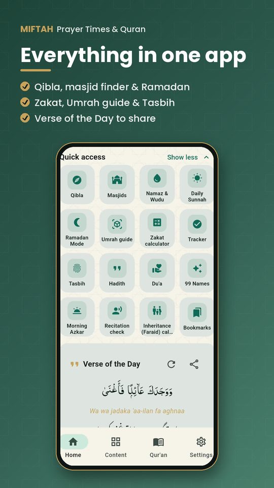 Quick access to Qibla, masjids, Zakat, Umrah and more
