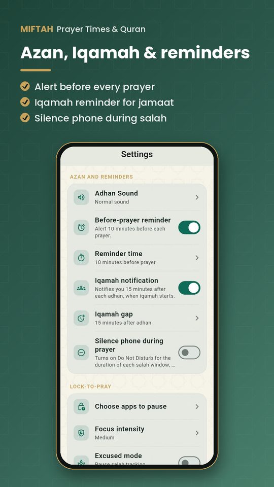 Azan, Iqamah and reminder settings
